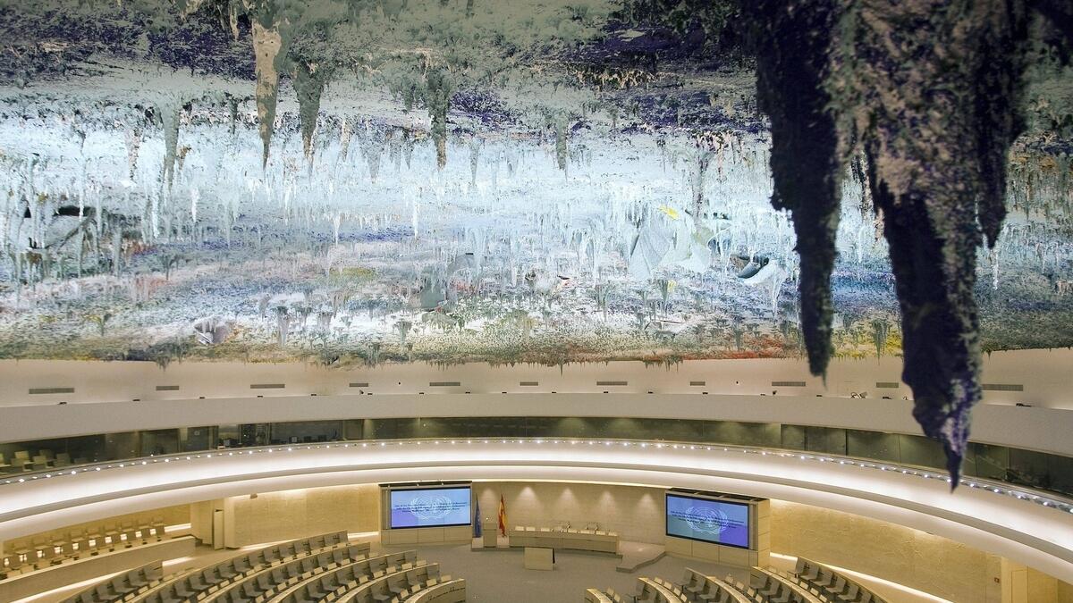 A general view of the Human Rights Room (Room XX) at the European headquarters of the United Nations in Geneva, Switzerland.- AP file photo