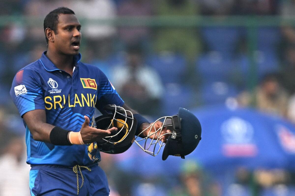 Sri Lanka's Angelo Mathews reacts after he was timed out. Photo: AFP
