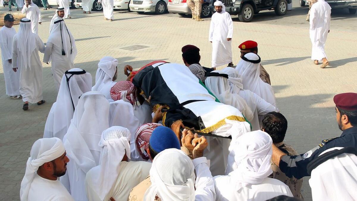 Rashid bin Ahmed Al Habsi's body arrives for funeral prayers at Shaikh Zayed mosque in Ras Al Khaimah.