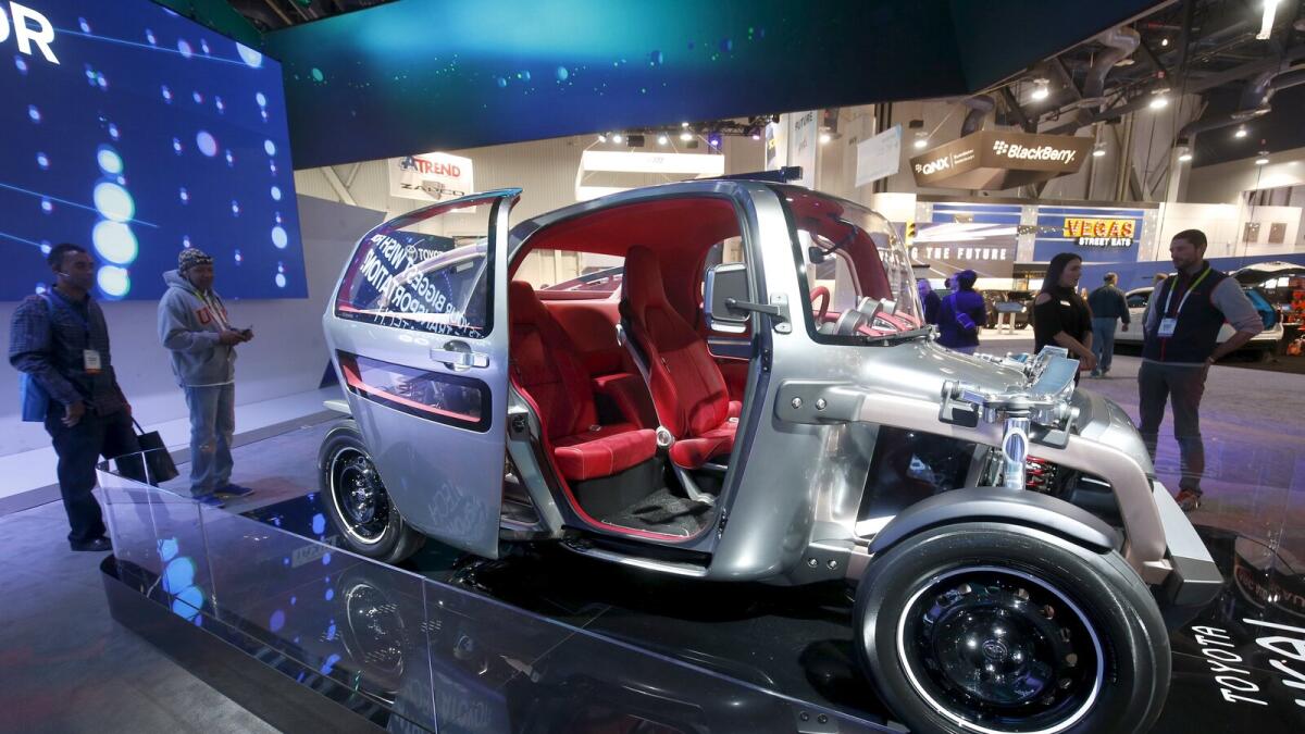 A three-seater Toyota Kikai concept car is displayed during the 2016 CES trade show in Las Vegas, Nevada.