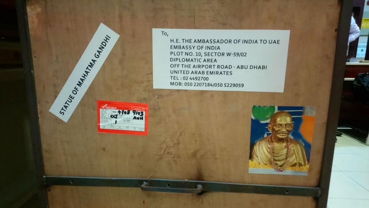 The box in which the statue of Mahatma Gandhi was flown to Abu Dhabi from Kerala. The box was flown under Indian Embassy’s address.