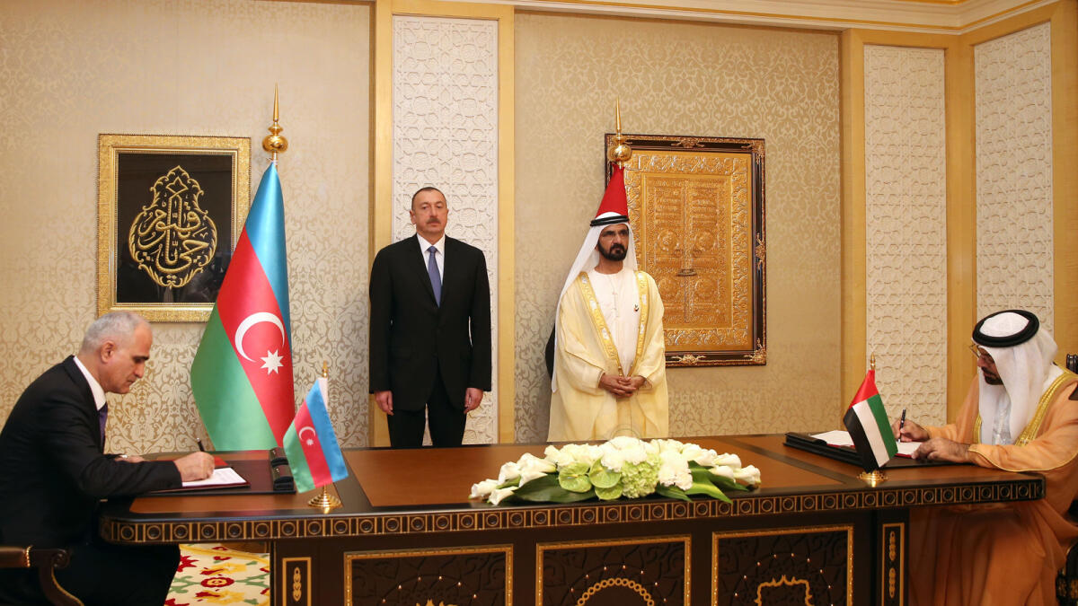 Shaikh Mohammed and Ilham Aliyev during the signing ceremony in Dubai. 