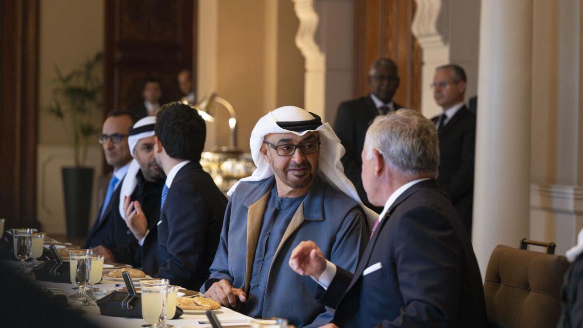 Sheikh Mohamed bin Zayed Al Nahyan and King Abdullah II at a lunch hosted at Basman Palace in Amman. — Wam