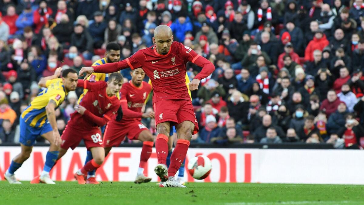 Liverpool's Brazilian midfielder Fabinho scores his team's second goal. (AFP)