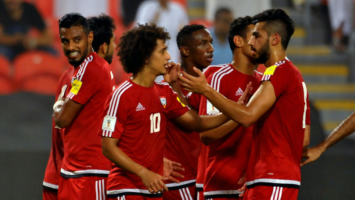 UAE players celebrate their thumping win over Malaysia in the World Cup qualifier.