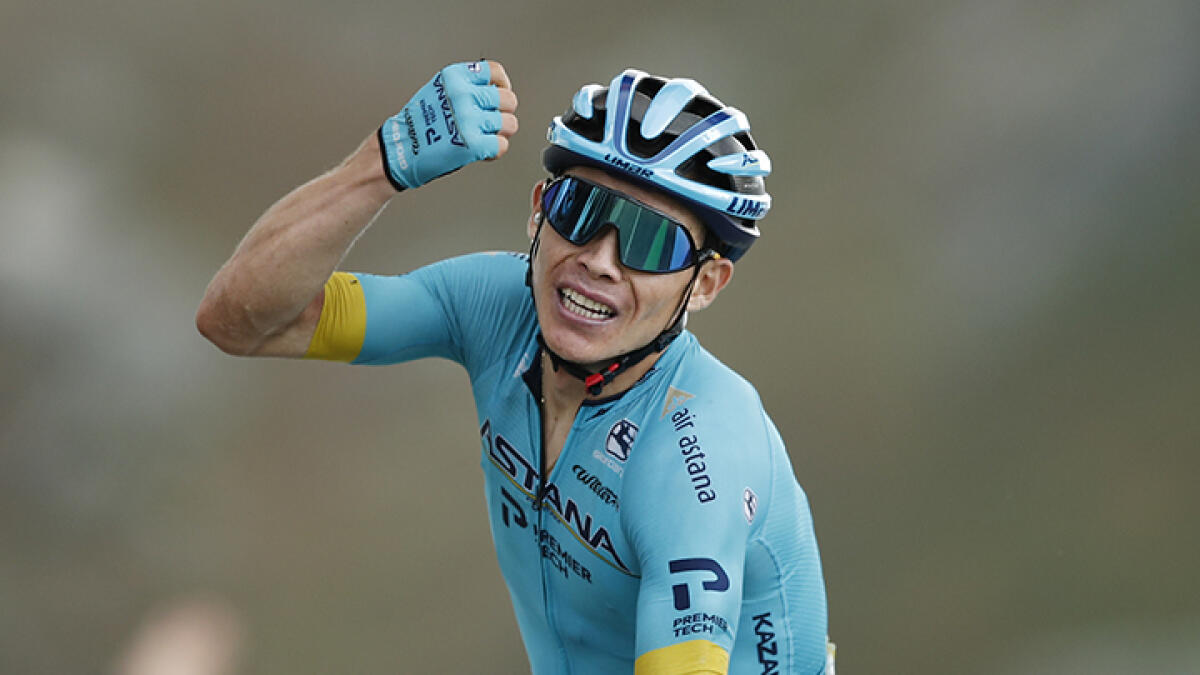Team Astana rider Miguel Angel Lopez expresses his delight after crossing the finish line atop the Loze pass on Wednesday.-- AFP