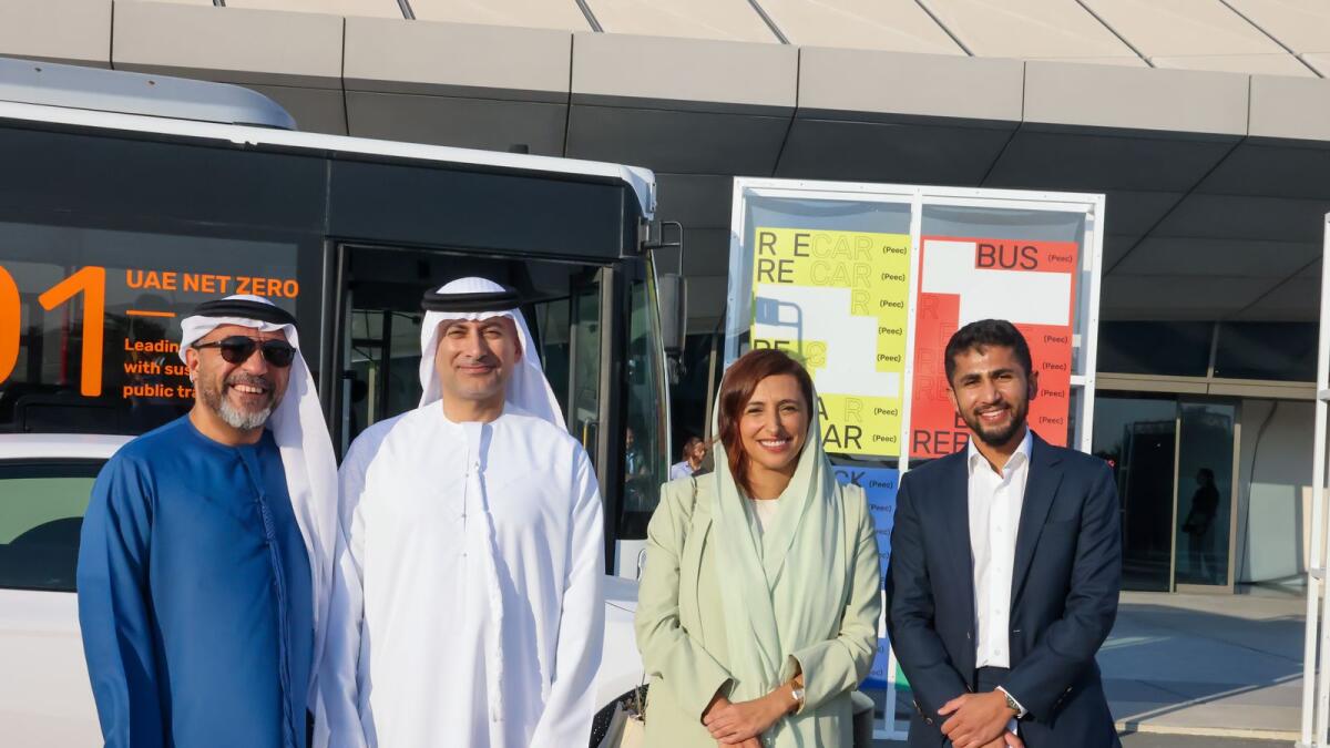 Caption -I  L to R -  Hussain Al Mahmoudi, CEO of SRTIP; Khaled Al Huraimel, Group CEO of BEEAH; Sheikha Bodour bint Sultan Al Qasimi; Zach Faizal, Founder of Peec Mobility
