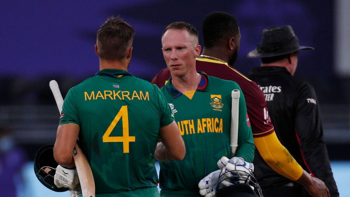 South Africa's Rassie van der Dussen and Aiden Markram celebrate their win over West Indies. (Reuters)