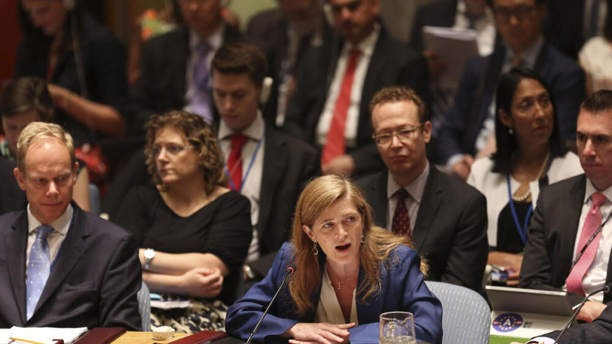 United States Ambassador to the United Nations Samantha Power speaks after a vote in the Security Council at UN headquarters