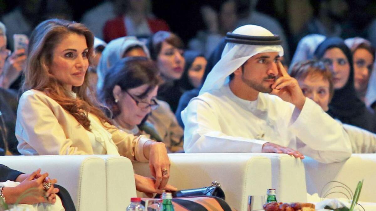 Shaikh Hamdan bin Mohammed bin Rashid al Maktoum, Crown Prince of Dubai, Queen Rania of Jordan, and Christine lagarde, IMF chief, at the Global Women's Forum on Tuesday. - Photo by Dhes Handumon