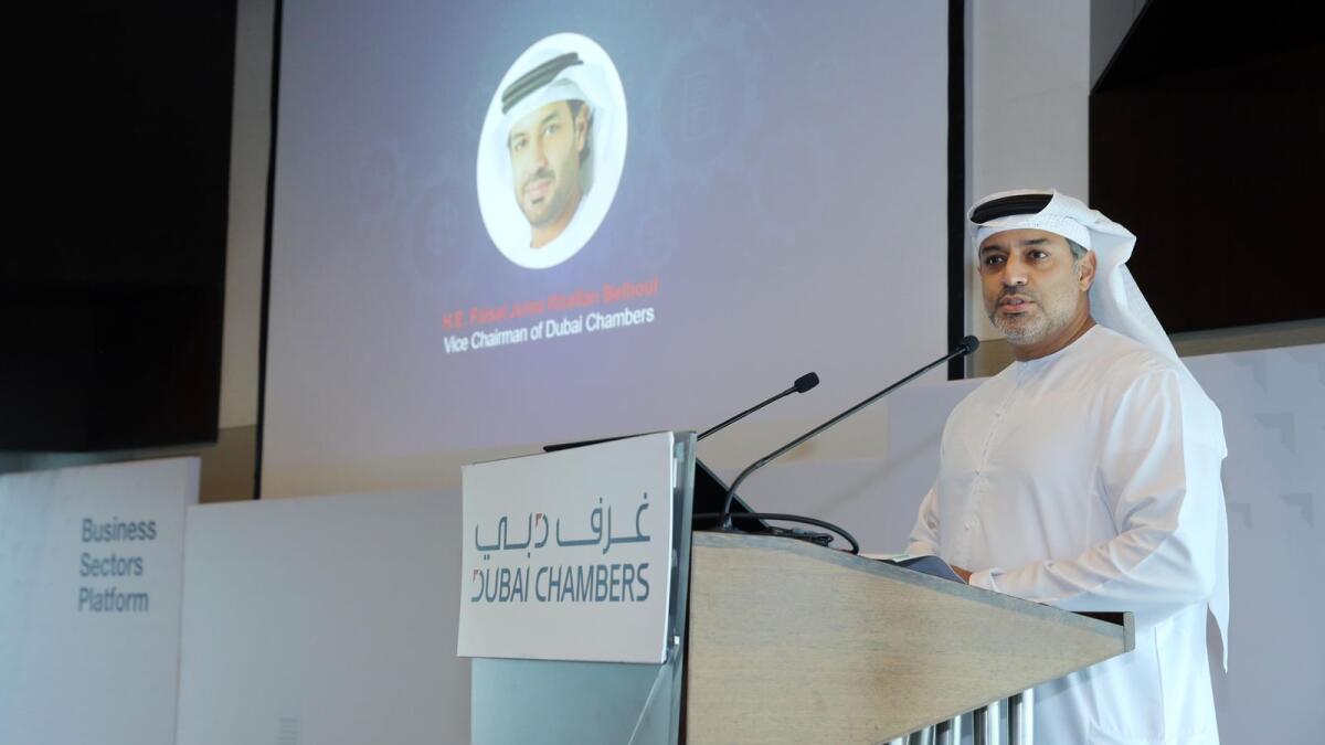 Faisal Juma Khalfan Belhoul, vice-chairman of Dubai Chambers, addressing a special event held at its headquarters on Monday. He said Business Groups and Business Councils play a vital role in the growth and competitiveness of Dubai’s economy. — Supplied photo