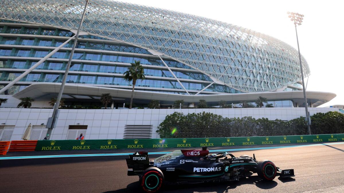 Mercedes' British driver Lewis Hamilton during the third free practice session at the Yas Marina Circuit on Saturday. — AFP