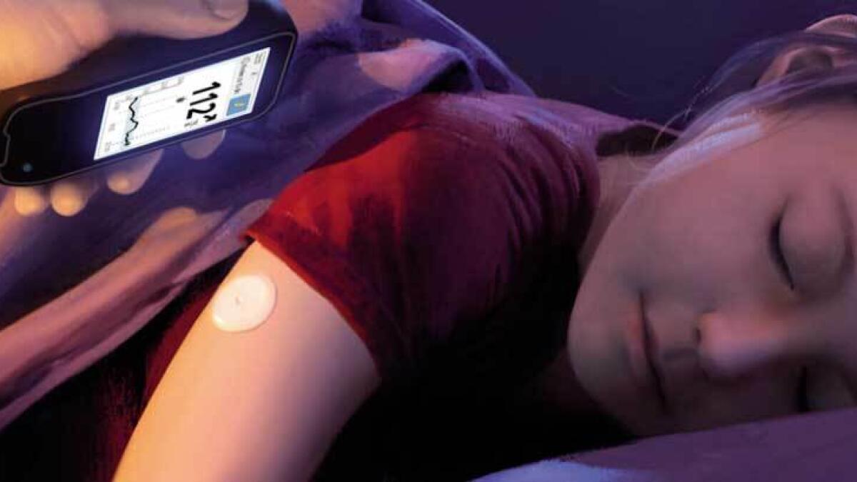 The FreeStyle Libre device measures the blood sugar levels from the tissue beneath the skin. 