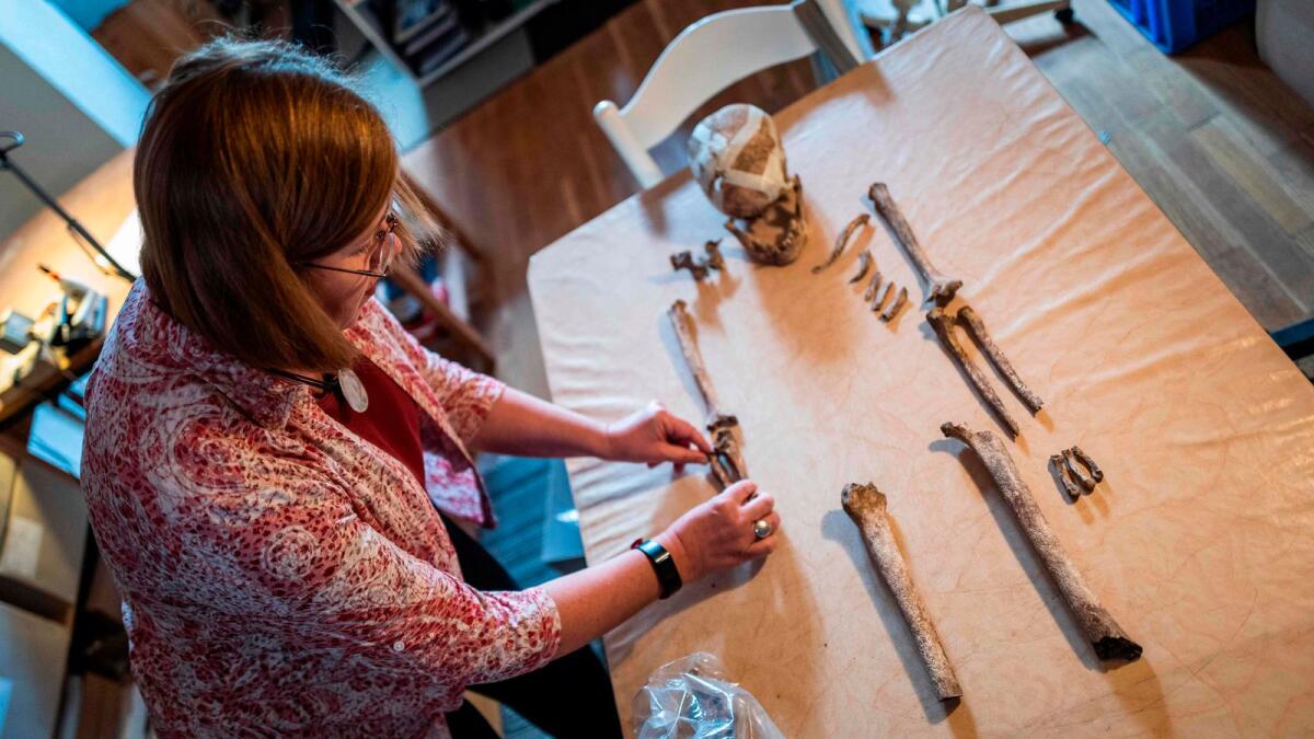 German anthropologist Bettina Jungklaus lays out the skeletal remains of the so-called 'Lady of Bietikow', in Berlin.