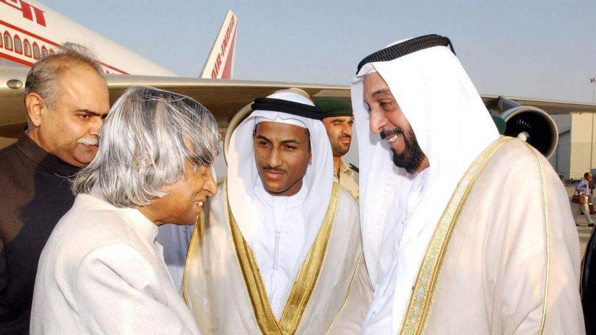 Then Indian president, A.P.J. Abdul Kalam, welcomed by His Highness Shaikh Khalifa bin Zayed Al Nahyan, then Crown Prince of Abu Dhabi, in Abu Dhabi in 2003.