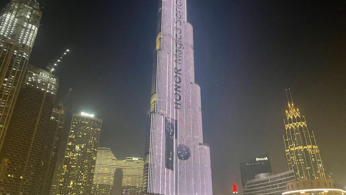 An Honor Magic3 series light show seen on the Burj Khalifa in Dubai during the launch of the company's new flagship series.