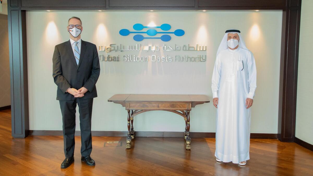Dr Mohammed Al Zarooni, Vice-Chairman and CEO of DSOA welcomes Ernst Peter Fischer, Ambassador of Germany to the UAE, at DSOA’s headquarter in Dubai. — Supplied photo