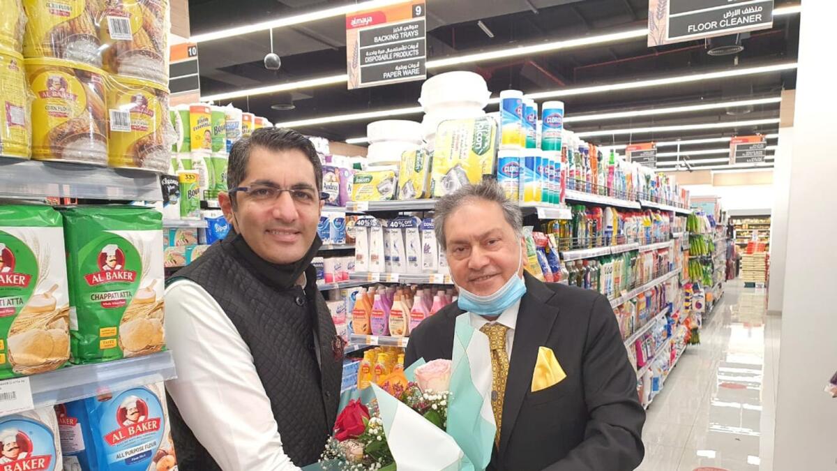 Aman Puri and Kamal Vachani at Al Maya Supermarket's first branch in Ras Al Khaimah on Thursday.