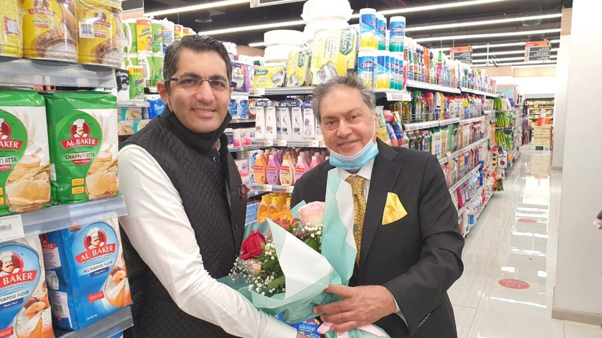 Aman Puri and Kamal Vachani at Al Maya Supermarket's first branch in Ras Al Khaimah on Thursday.