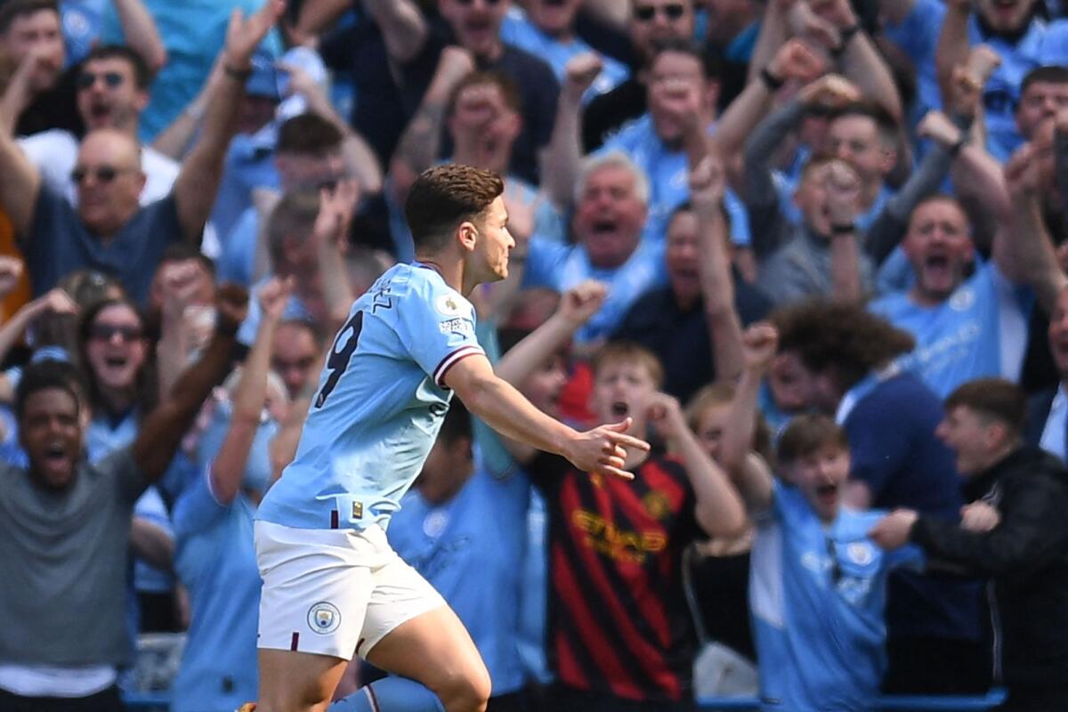 Manchester City's Argentinian striker Julian Alvarez celebrates his goal. — AFP