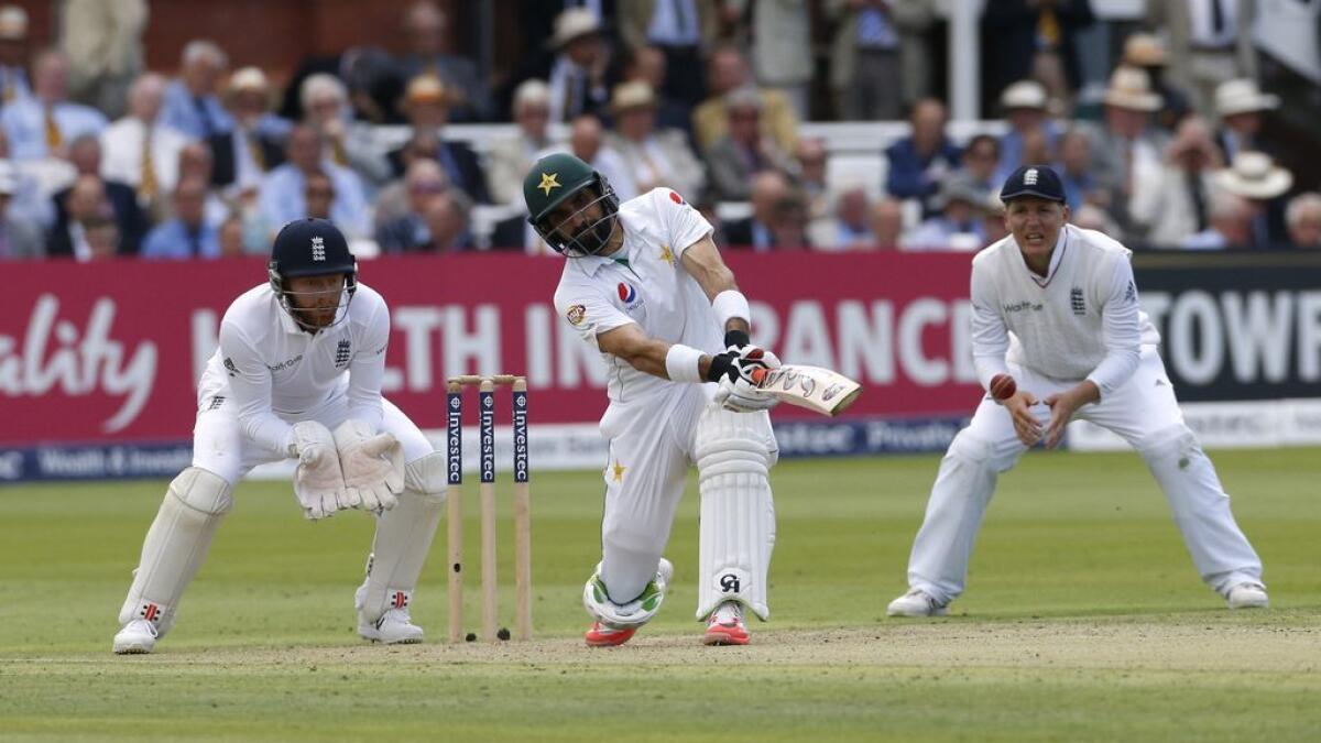 Pakistan's Misbah-ul-Haq in action against England