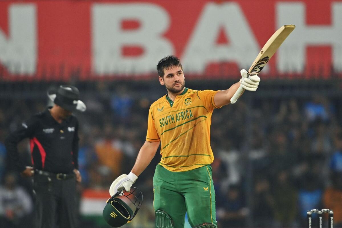 South Africa's Rilee Rossouw celebrates after scoring a century. (AFP)