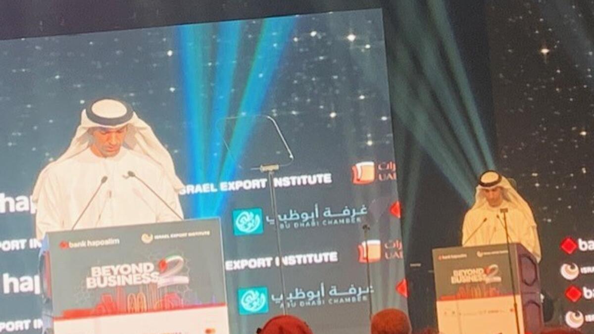 Dr Thani Ahmed Al Zeyoudi, UAE Minister of State for Foreign Trade addressing the UAE-Israel forum in Abu Dhabi on Sunday. — Supplied photo
