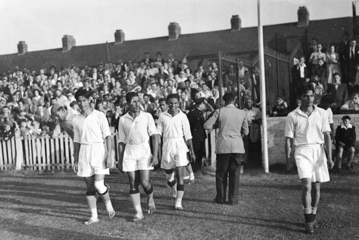 The Indian football team at the 1948 Olympics. Most of the players in that team were playing barefoot. (Fifa/Twitter)