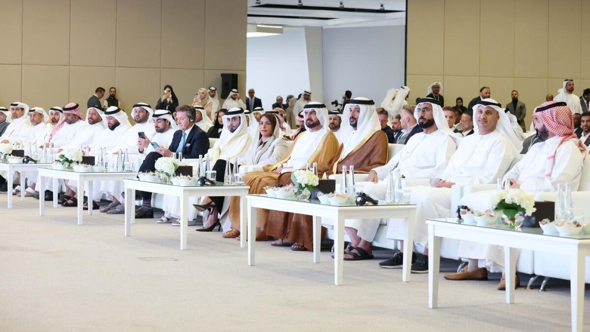 Sheikh Abdullah bin Salem bin Sultan Al Qasimi, Deputy Ruler of Sharjah, and Sheikha Bodour bint Sultan Al Qasimi; Chairperson of Sharjah Investment and Development Authority (Shurooq), Abdullah bin Touq, UAE Cabinet Member and Minister of Economy; and other guests at the sixth edition of the Sharjah Investment Forum on Wednesday. — Supplied photo