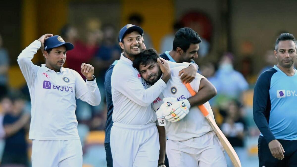 India's Rishabh Pant, Mayank Agarwal and Kuldeep Yadav celebrate after winning the fourth Test match. (BCCI Twitter)
