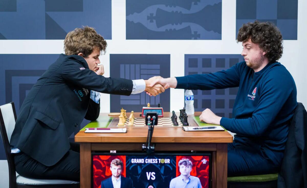 Hans Niemann (right) caused a major upset when he defeated the Norwegian grandmaster Magnus Carlsen (left) at the Sinquefield Cup
