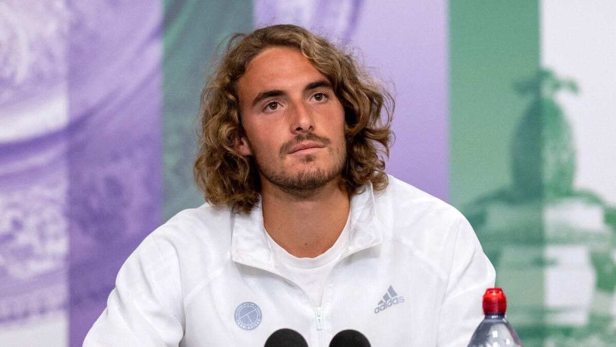 Greece's Stefanos Tsitsipas attends a video-link press conference in the Main Interview Room at The All England Tennis Club in Wimbledon. — AFP