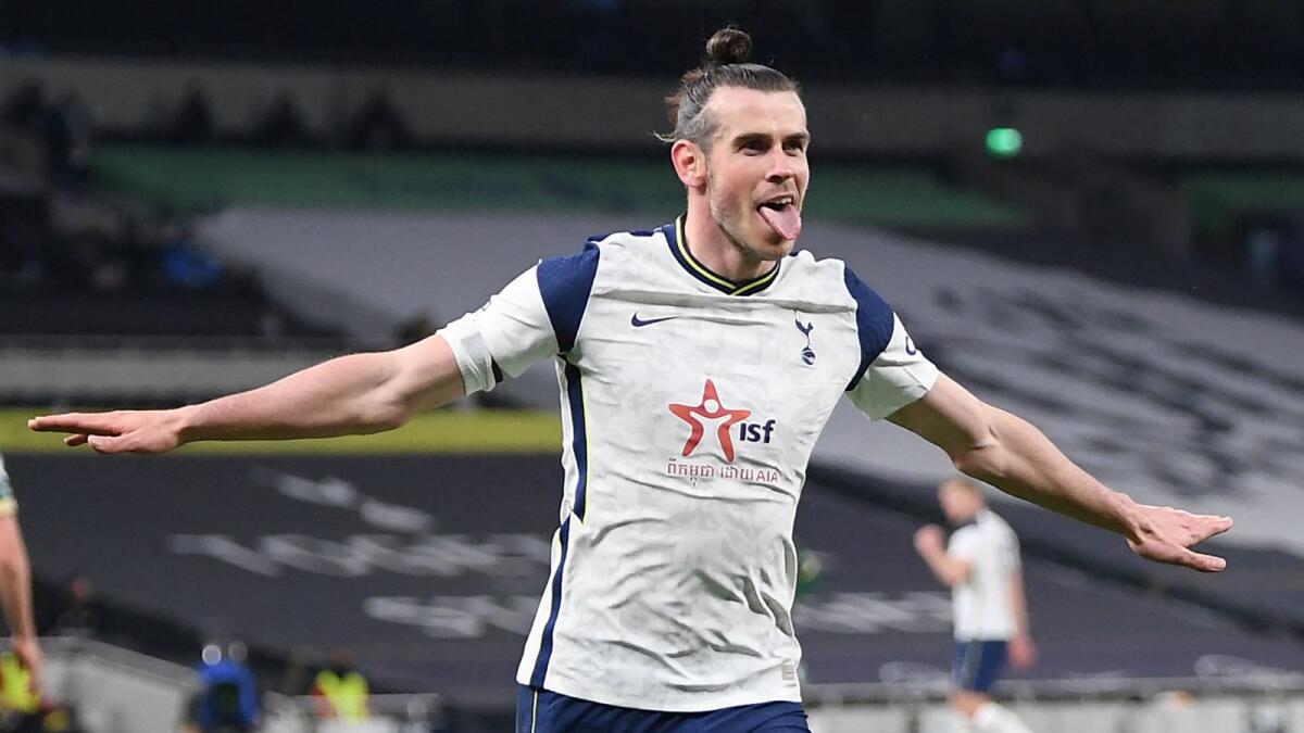 Tottenham Hotspur's Welsh midfielder Gareth Bale celebrates scoring a goal against Sheffield United. — AFP