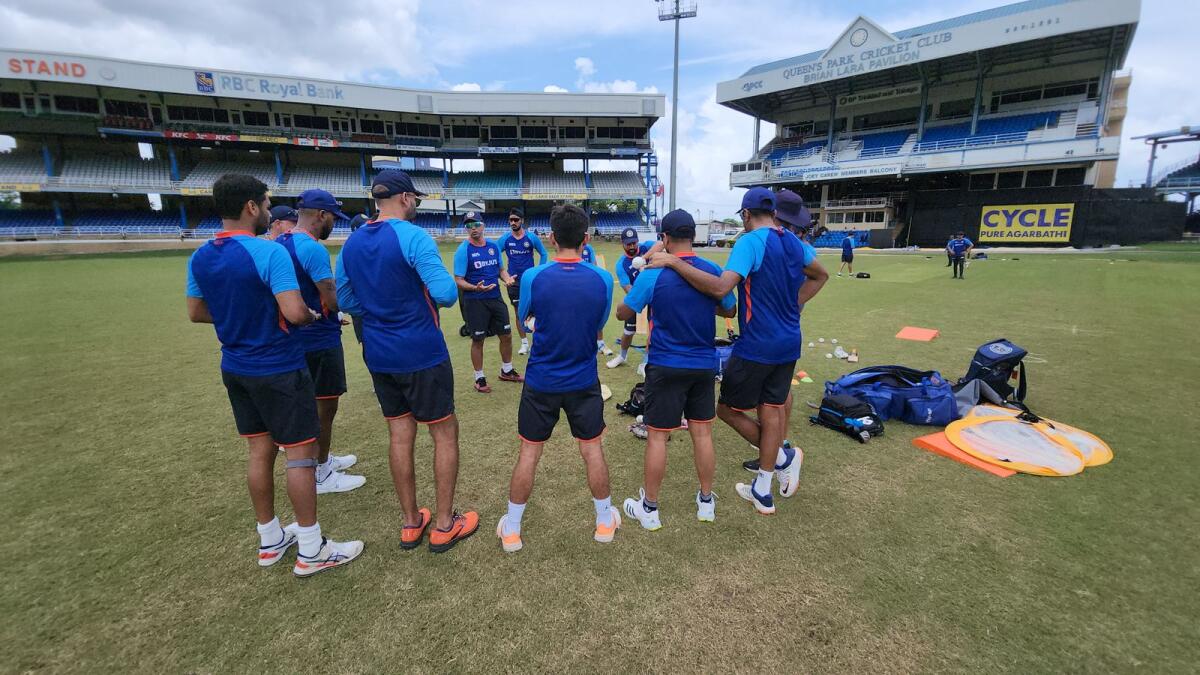 Indian coach Rahul Dravid speaks to the squad during a practice session on Thursday. – BCCI