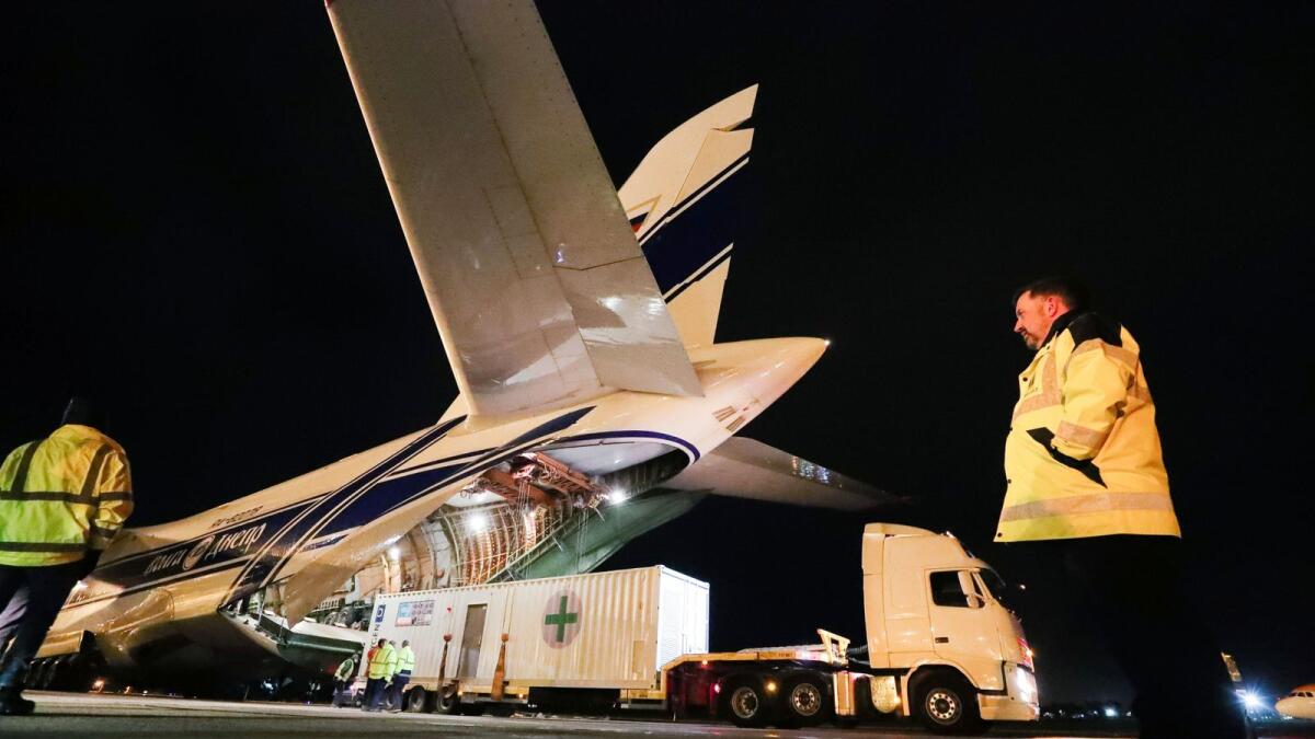 Antonov 124 aircraft being loaded with Covid aid for India at Belfast airport. — Courtesy: Twitter