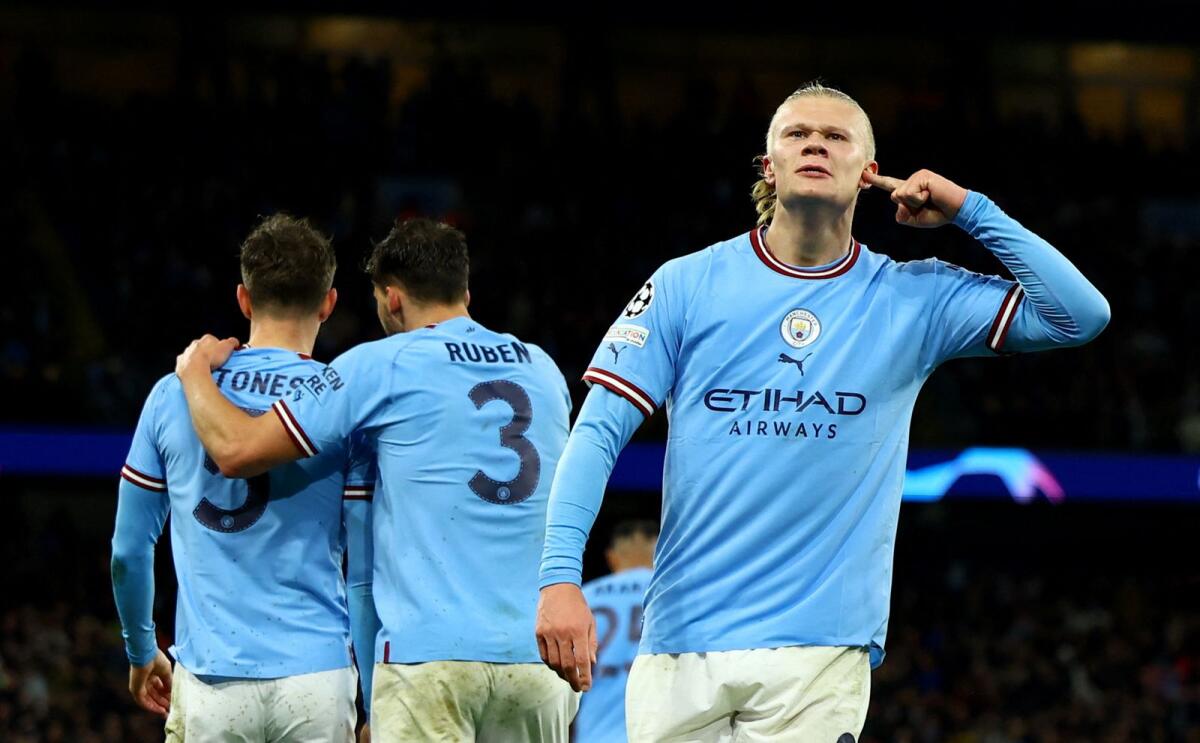 Manchester City's Erling Haaland celebrates scoring their third goal. — Reuters