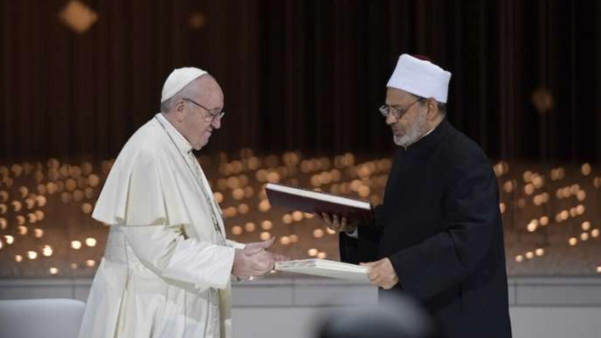 Pope Francis and Al Azhar’s Grand Imam, Ahmad Al-Tayyib, exchange the Document on Human Fraternity for World Peace and Living Together signed in Abu Dhabi on February 4, 2019. Photo: WAM