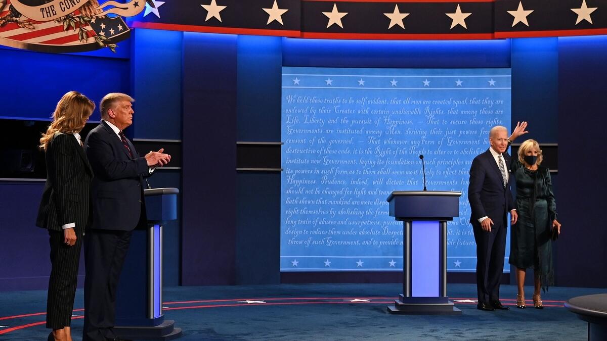 &lt;p&gt;There was no opening handshake on Tuesday night because of Covid-19, but the body language between Trump and Biden still took center stage.&lt;/p&gt;&lt;p&gt;Trump scowled at his rival for much of the debate, or wagged his finger or waved his hand to dismiss his Democratic opponent.&lt;br /&gt;Biden, meanwhile, regularly gazed into the camera when Trump interrupted him to make a direct appeal to the American people.&lt;/p&gt;&lt;p&gt;Trump “doesn’t want to talk about what you need - you, the American people. It’s about you,” Biden said at one point.&lt;/p&gt;&lt;p&gt;While Trump spoke, Biden shook his head, sometimes broke into a smile or a laugh, and occasionally simply stopped speaking and kept silent in exasperation.&lt;br /&gt;&lt;br /&gt;&lt;/p&gt;
