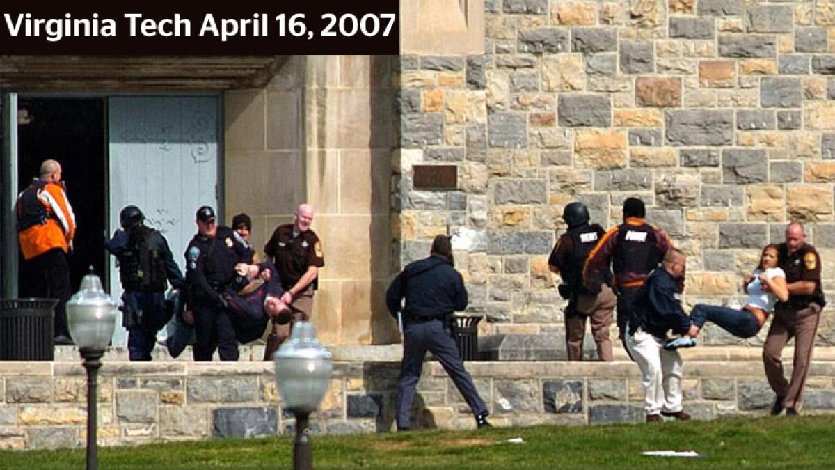 A gunman slaughters 32 people and kills himself at Virginia Tech, a university in Blacksburg, Virginia.