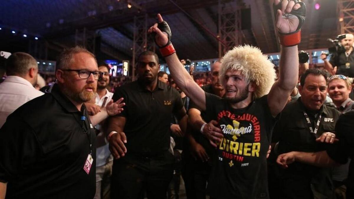 Khabib Nurmagomedov celebrates after defeating Dustin Poirier in UFC 242 at The Arena at Yas Island in Abu Dhabi last September. - Agencies