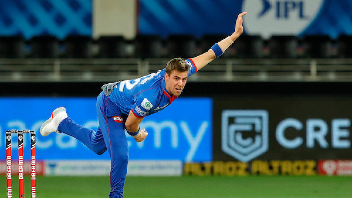 Delhi Capitals pacer Anrich Nortje bowls against the Rajasthan Royals in Dubai on Wednesday night. - BCCI/IPL