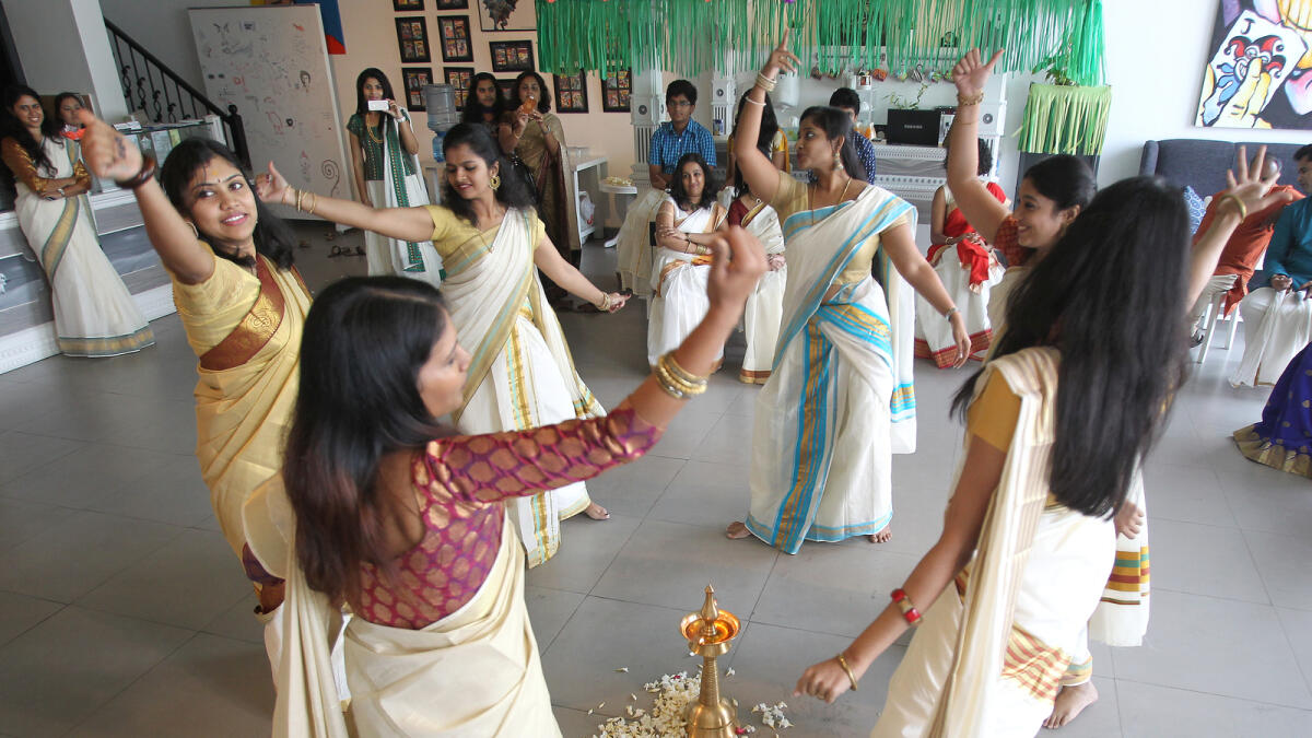 Women from India perform Kerala traditional dance, Kaikottikkali during the Onam celebrations at Al Quoz, Dubai on Friday. 28 August. Photo by Juidin Bernarrd