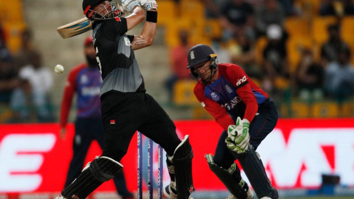 New Zealand's Daryl Mitchell plays a shot during the semifinal against England. (Reuters)