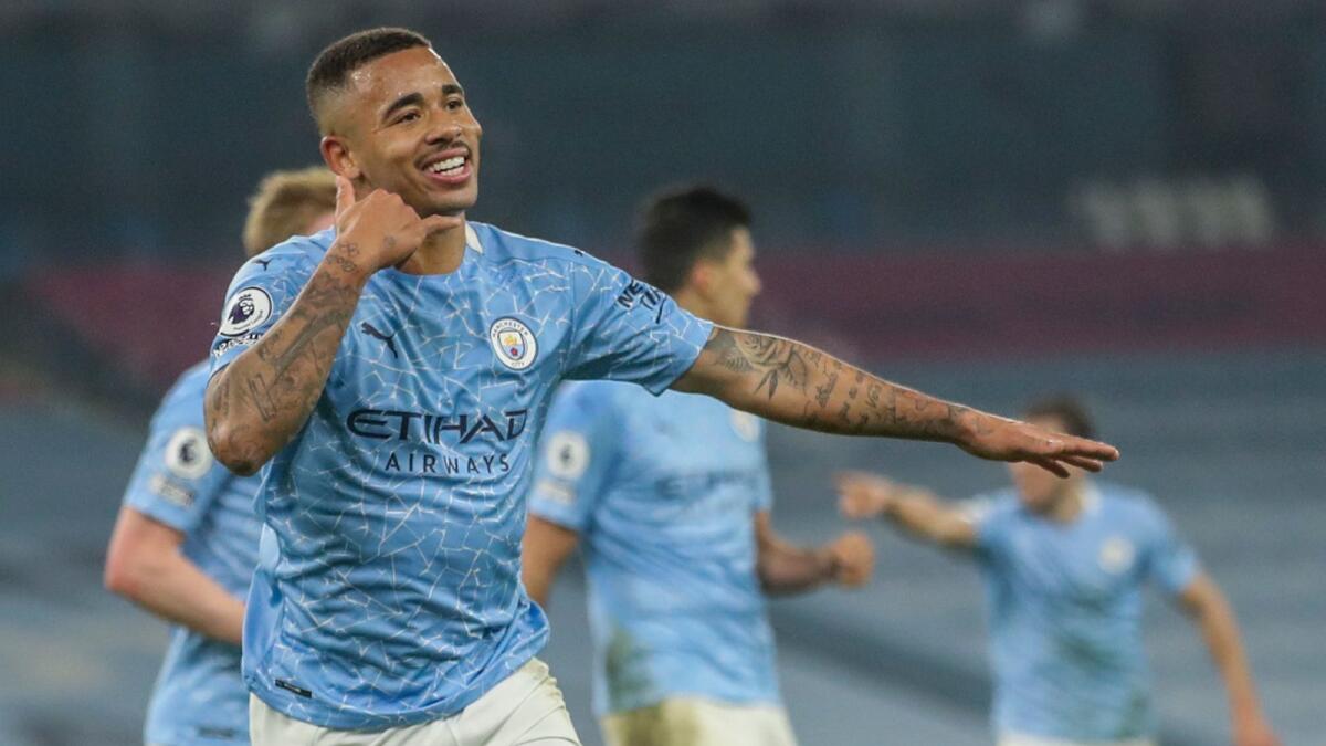 Manchester City striker Gabriel Jesus celebrates after scoring. (AP)