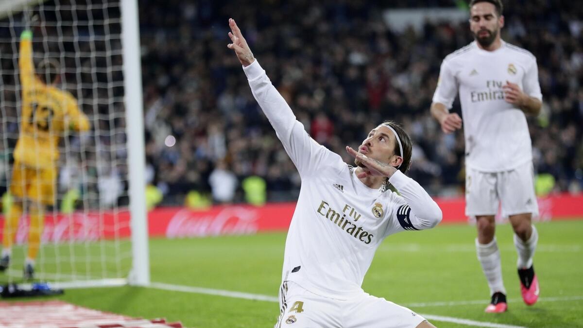 Real Madrid's Sergio Ramos celebrates his goal against Celta de Vigo