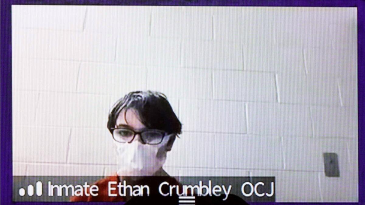 Ethan Crumbley appears on video from the Oakland County Jail at 52nd District Court in Rochester Hills, Michigan. — AP