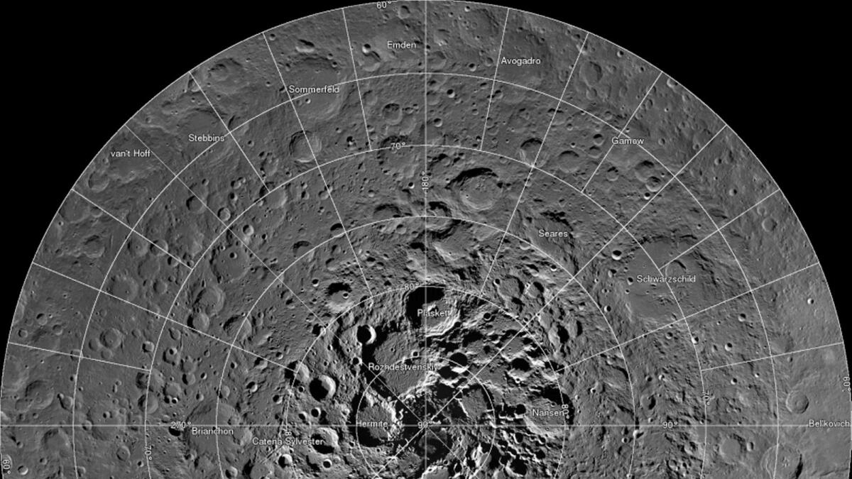 A high resolution mosaic of our moon's north polar region is seen in this image taken by scientists using cameras aboard Nasa's Lunar Reconnaissance Orbiter.
