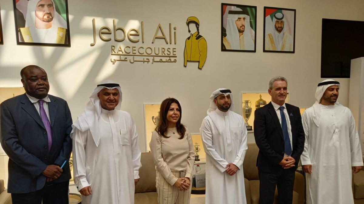 Mohamed Al Ahmed (third from right) will officials and representative of sponsors at Jebel Ali Racecourse. - Supplied photo