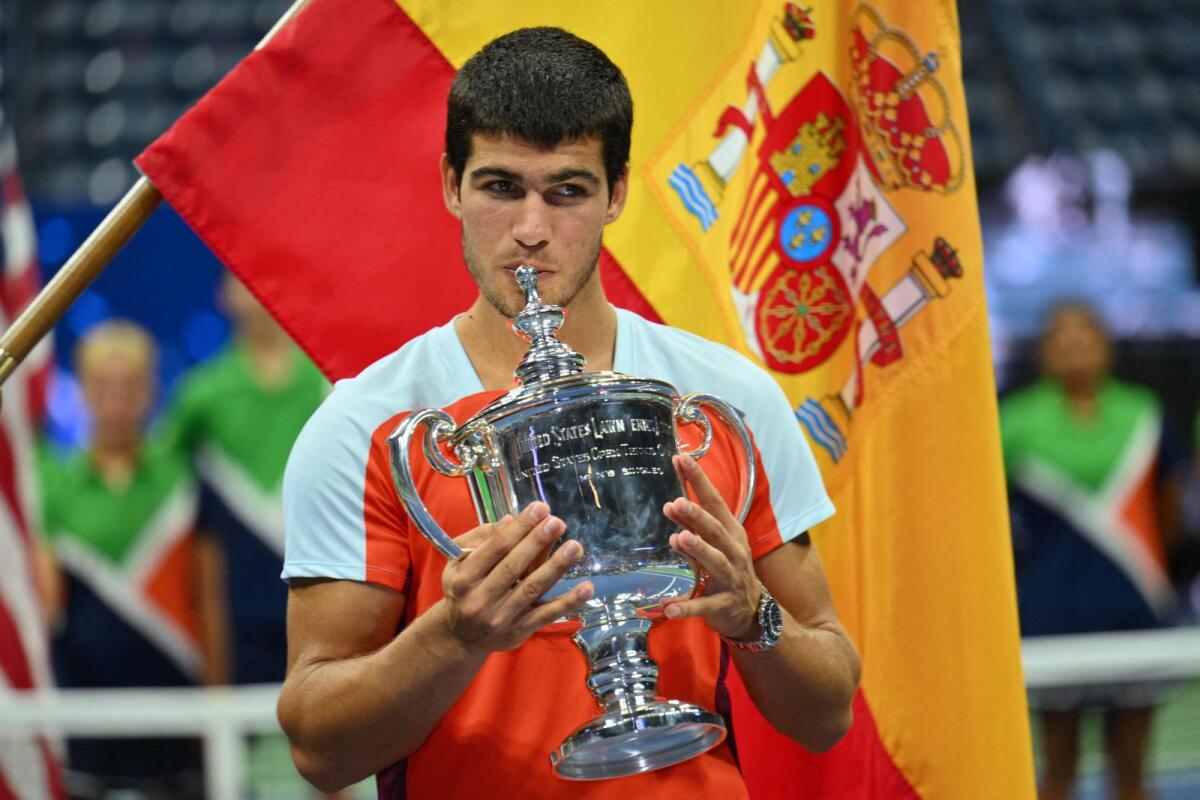 Spain's Carlos Alcaraz celebrates with the US Open trophy. (AFP)