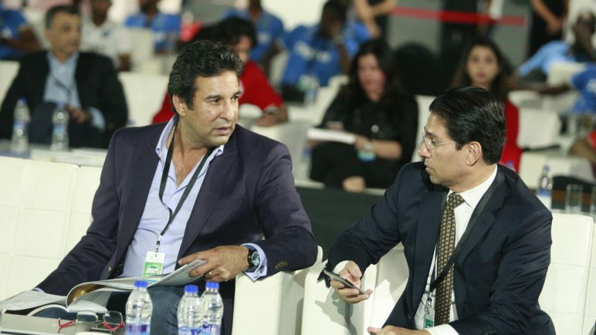 Wasim Akram with Islamabad United owner Ali Naqvi during the Pakistan Super League Draft at The Dome, Dubai Sports City.